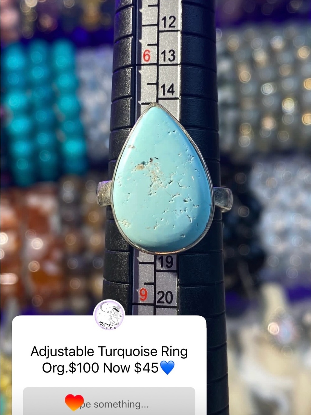 Turquoise Teardrop Adjustable Sterling Silver Ring
